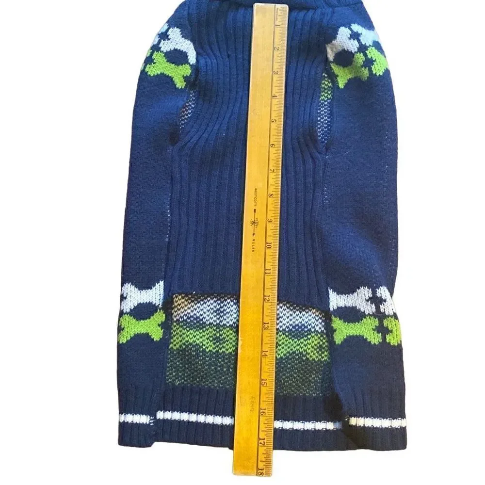 Navy blue dog sweater with white bone and Green bone trim XL